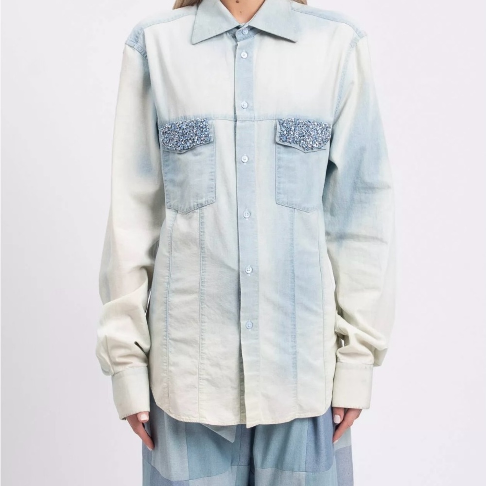 $820 ERMANNO SCERVINO Denim Button-Up Shirt IT50 US14 UK18 Rhinestones Details